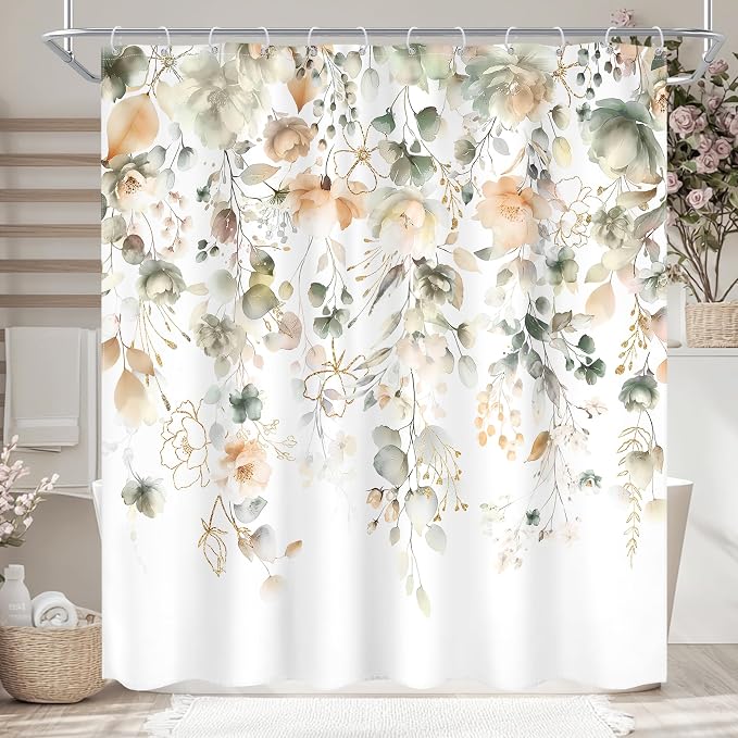 Green Yellow Floral Summer Watercolor Sage Bathroom Shower Curtain Set | 72"W x 72"L Flower Eucalyptus look, waterproof HD printed shower curtain, quick-dry fabric and free hooks.
