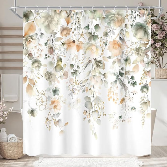 Green Yellow Floral Summer Watercolor Sage Bathroom Shower Curtain Set | 72"W x 72"L Flower Eucalyptus look, waterproof HD printed shower curtain, quick-dry fabric and free hooks.