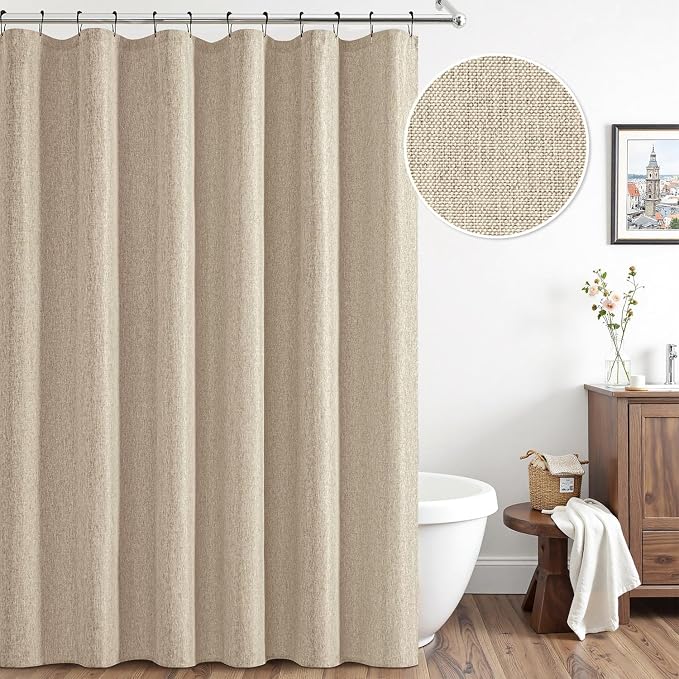 ANRODUO Copper Brown Linen Textured Fabric Shower Curtain Set - W72xL84 | Farmhouse Shower Curtain with 12 Metal Hooks, Waterproof Heavy Duty, Button Hole Design, Machine Washable for Bathroom
