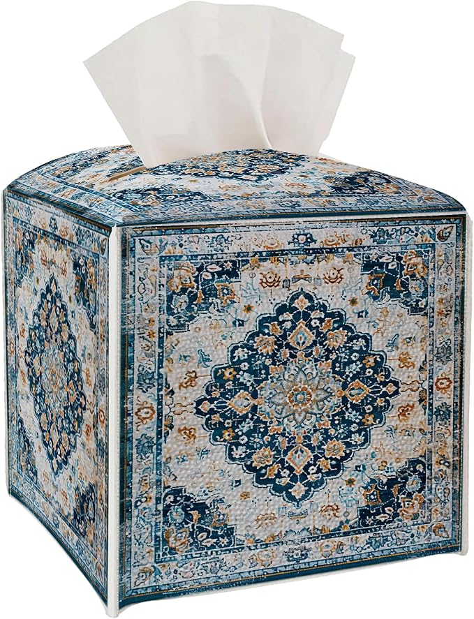 Tissue Box Cover Holder Square - Vintage Boho PU Leather Decorative Organizer, Ethnic Carpet Pattern Design Inspired, with Bottom Belt for Bathroom Car Office Tabletop Home, 5x5 Inch (Blue&White)
