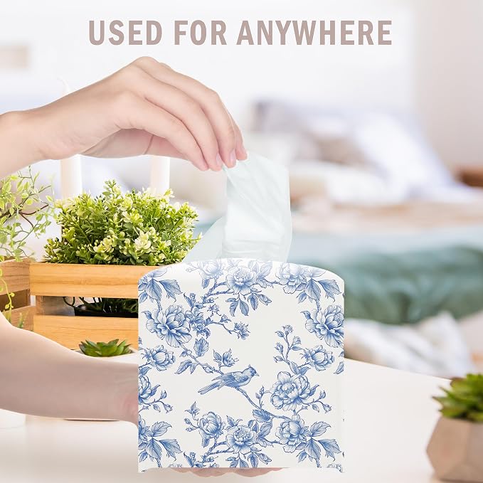 Blue Flower and Bird Decorative Square Leather Tissue Box Cover - Tissue Holder Gifts for Women and Friends on Birthday Housewarming Home Decor Decorative for Bathroom Kitchen Office Car - A08