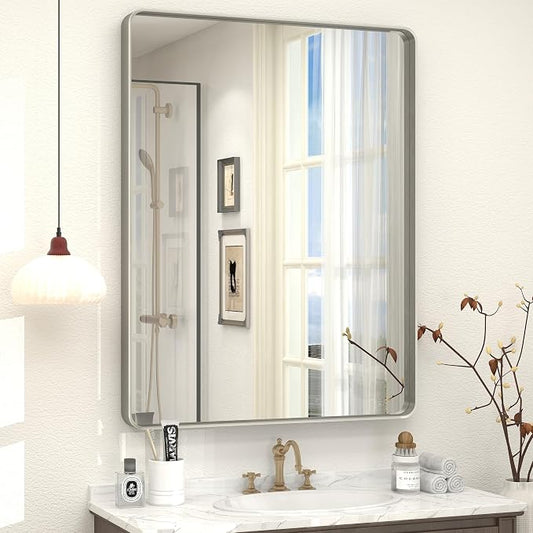 26x36 Inch Silver Bathroom Mirror for Wall | Brushed Nickel Metal Framed Bathroom Vanity Mirror, Rounded Rectangle, Anti-Rust. Shatterproof (Horizontal/Vertical)