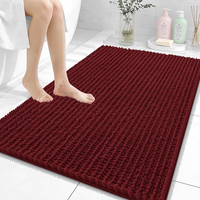 OLANLY Large Bathroom Rugs 40x32, Thick Soft Absorbent Chenille Bath Rugs | Burgundy, Quick-Drying Rubber Backing, Shaggy Bath Mat, Machine Washable for Floor, Tub and Shower, Home Decor Accessories