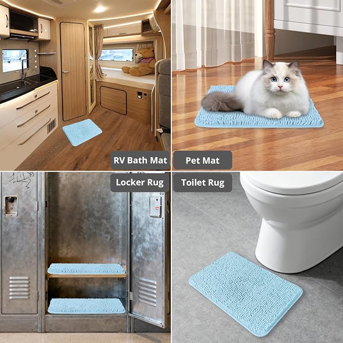 Small Bathroom Rug 12"x18" – Washable and Absorbent Bath Mat, Non Slip, Thick Soft Chenille Bath Rugs for Bathroom, Shower, Sink, Dog mat(Light Blue)