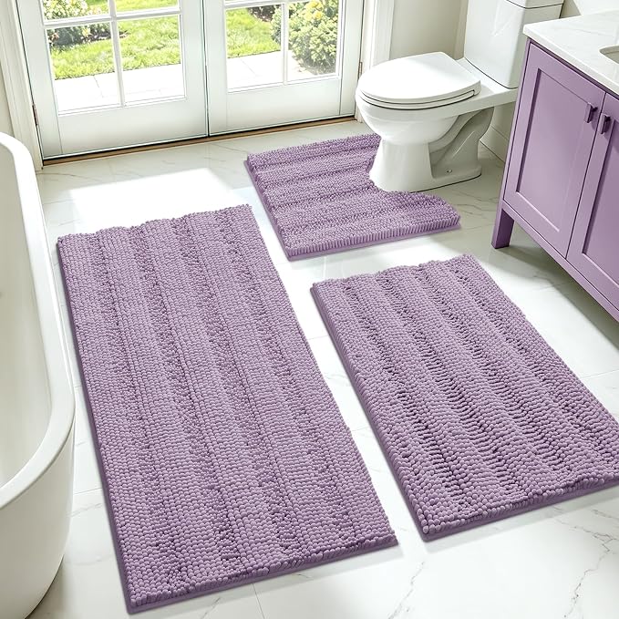 Striped Lavender Bathroom Rug Set 3 Pieces Ultra Soft, Non Slip Chenille Toilet Mat, Absorbent Plush Shaggy Bath Mats for Bathroom, Bedroom, Kitchen, Mauve