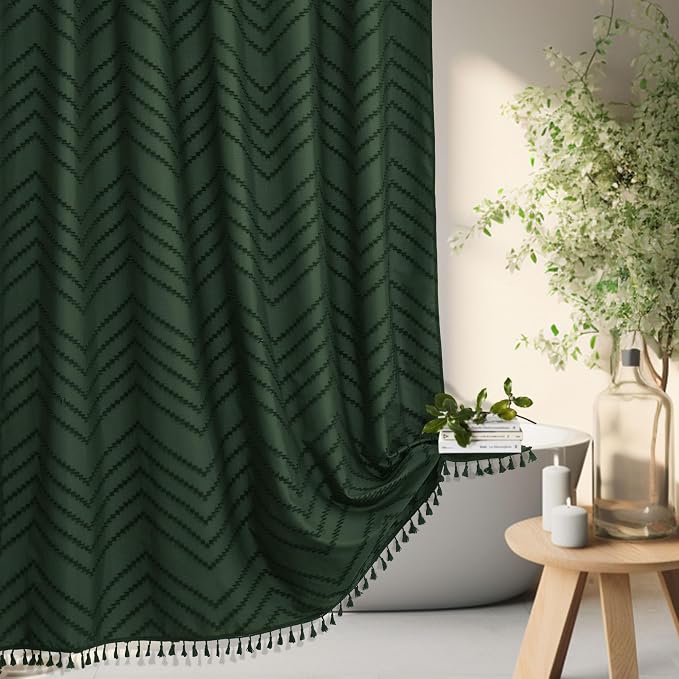 Siiluminisoy Extra Long Dark Green Boho Shower Curtain with Tassel, Woven Fabric 84 in Shower Curtain, Tufted Chevron Striped, 72 x 84, Modern Chic Textured Minimalist Bathroom Shower