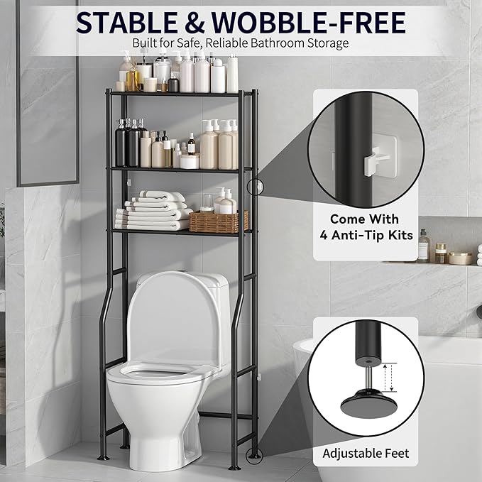 3-Tier Over The Toilet Storage, Freestanding Metal Bathroom Shelves, Space Saver Above The Over Toilet Storage Shelf for Bathroom (Black)