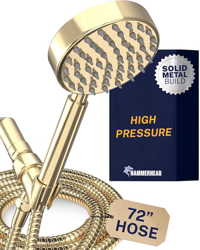 HammerHead Showers® Solid Metal Handheld Shower Head with Hose and Brass Holder - POLISHED BRASS - 2.5 GPM High Pressure Shower Heads with Adjustable Shower Wand Bracket - 6ft Flexible Extension