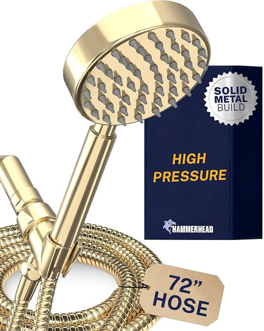 HammerHead Showers® Solid Metal Handheld Shower Head with Hose and Brass Holder - POLISHED BRASS - 2.5 GPM High Pressure Shower Heads with Adjustable Shower Wand Bracket - 6ft Flexible Extension