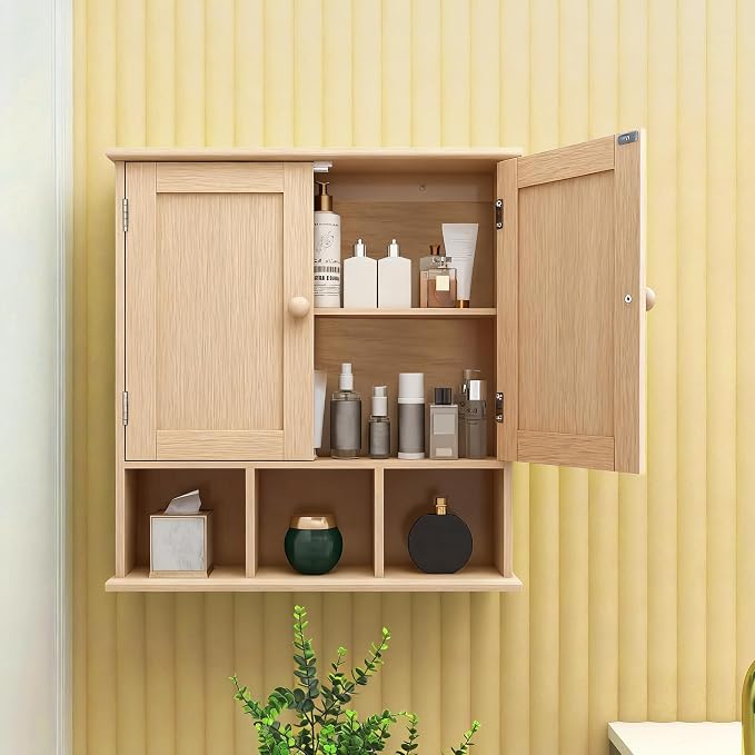 TaoHFE Natural Wooden Color Bathroom Wall Cabinet with 2 Door | Adjustable Shelves Over The Toilet Storage Wall Mounted Medicine Cabinets for Bathroom Laundry Room Kitchen