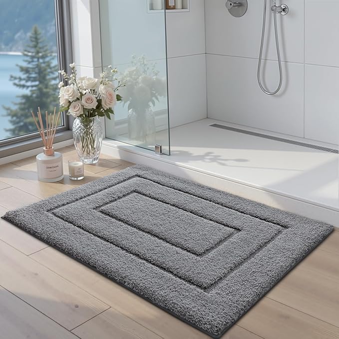 DEXI Bathroom Rugs 36x24, Non-Slip and Absorbent Bath Mat, Grey | Machine Washable, Soft Plush Microfiber Bathmat with Rubber Back, Quick Dry Rug for Shower, Tub, Sink