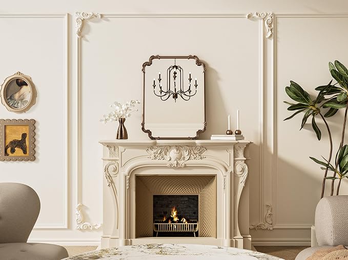 Antique Gold Brass Rectangle Mirror for Mantle Fireplace 24 x 32 Baroque Vintage Ornate Scroll Wall Mirror with Metal Frame for Traditional Victorian French Decor, Horizontal/Vertical