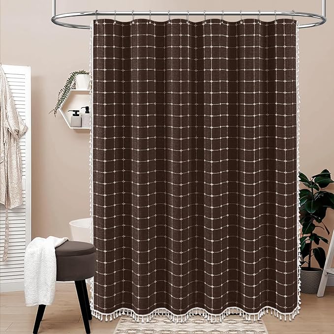 Long Boho Farmhouse Linen Heavy Duty Shower Curtain, 72x84, Brown | Tall Size, 330GSM Linen Blend, 3-side Tassels, Water Repellent Fabric, 12 Plastic Hooks, Rustic Bohemian, Machine Washable