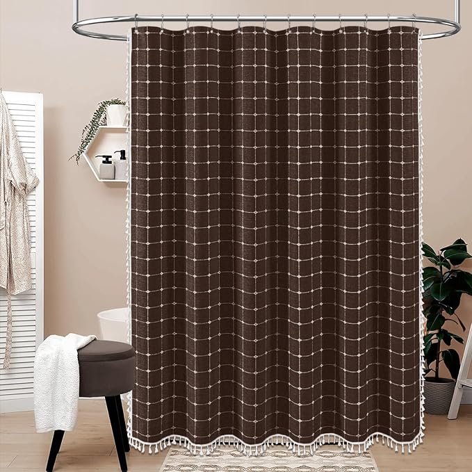Brown Boho Farmhouse Linen Heavy Duty Fabric Shower Curtain Set, 72x72 | 330GSM Linen Blend, Classic Plaid, 3-side Tassels, Water Repellent Cloth, 12 Plastic Hook, Rustic Bohemian, Machine Washable