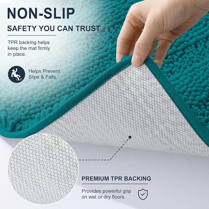 Smiry Thick Small Chenille Bathroom Rugs 24x16, Soft Bath Mat, Deep Lake | Quick‑Dry & Machine Washable, Non‑Slip Bath Carpet, Striped Bath Rugs for Tub & Shower, Modern Home Decor Accessories