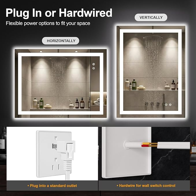 32x24 LED Bathroom Mirror with Lights, Lighted Vanity Mirror for Wall | Front and Backlit, Anti Fog, Dimmable 3 Color Lighting, Memory Function, Shatter Resistant Glass, Plug in or Hardwired