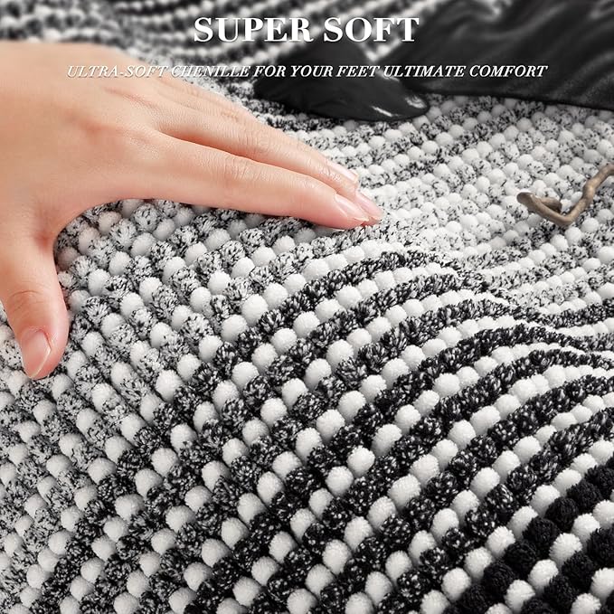 Bathroom Rugs and Mats Sets, 2 Piece Thick Absorbent Chenille Bath Mat Rug Set Non Slip, Soft Shaggy Bath Room Floor Mats for Bathroom, Machine Washable (Black, 20" x 60" Plus 20" x 32")