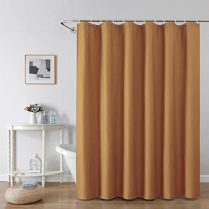 Gold Shower Curtain or Bathroom 72x72 Inch, 3D Embossed Textured Waffle Fabric Shower Curtains, Soft Hotel Farmhouse Style, Water Repellent, Machine Washable, Gold, 72" W x 72" L