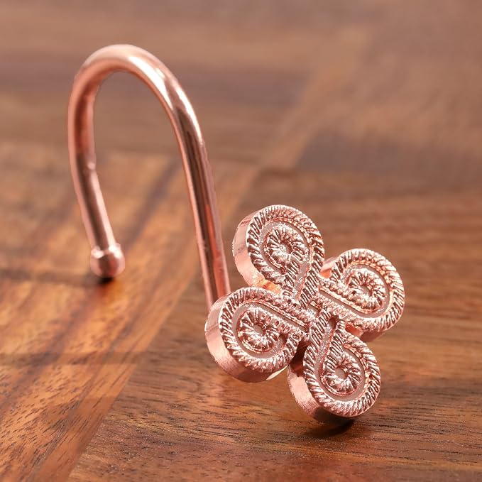 Rose Gold Shower Curtain Hooks: Rust Proof Metal Curtain Rings, 12Pcs | Stylish Clover Knot Decorative Shower Hooks, Elegant Flower Hanging Hangers for Shower Rod, Gift for Modern Bathroom Decor