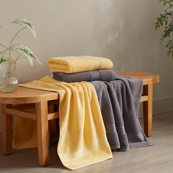 COZYART Luxury Bath Towels 4 PCS, 27x54 650 GSM Turkish Cotton, Grey+Yellow | Zero Twist 100% Ring Spun Cotton, Fluffy, Ultra Soft, Super Absorbent, Quick Dry, Large Towels for Hotel Spa Bathroom Shower