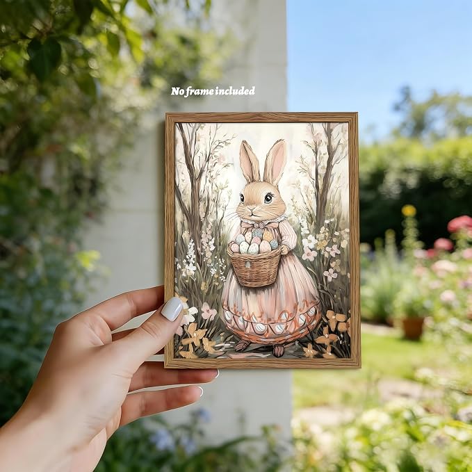 Easter Bunny Canvas Wall Art, Rabbit & Egg Basket Poster Prints, Farmhouse Style Holiday Wall Decor, Vintage Rustic Home Artwork for Kids Room Bedroom Living Room 12x16 inch Unframed