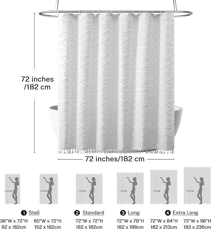 White Boho Shower Curtain Fabric Shower Curtains with Tassel 72 x 72 Modern Textured Shower Curtain Farmhouse Minimalist, Tufted Chevron Striped Shabby Chic, Water Resistant Cloth Curtain for Bathroom