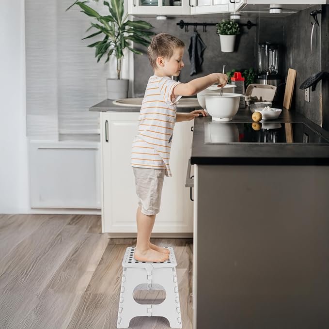 Delxo Folding Step Stool,11 Inch Non-Slip Foldable Step Stools for Kids and Adults,Portable Foldable Step Stool Lightweight Small Folding Stool with Handle for Kitchen Bathroom in White,1 Pack | Foldable Step Stool 11",Non-Slip Foot Stools with Handle,...