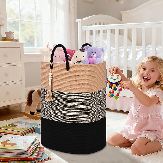Woven Laundry Basket for Clothes, 65L Large Rectangle Laundry Hampers with Beads Tassel, Nursery Storage Basket for Toys, Tall Dirty Clothes Hamper for Bedroom Aesthetic, Laundry Room Organization