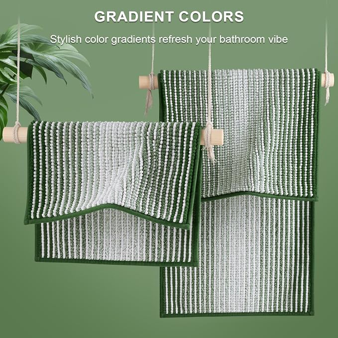 Bathroom Rugs and Mats Sets, 2 Piece Thick Absorbent Chenille Bath Mat Rug Set Non Slip, Soft Shaggy Bath Room Floor Mats for Bathroom, Machine Washable (Hunter Green, 20" x 47" Plus 16" x 24")