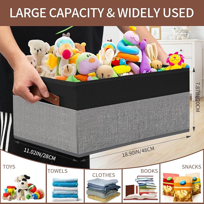 3 Pack Large Capacity Storage Bins Closet Organizer for Shelves | Fabric Closet Storage Baskets Boxes with Leather Handles for Organizing Clothes, Sheets, Jeans, Toys, Books (Black and Grey)