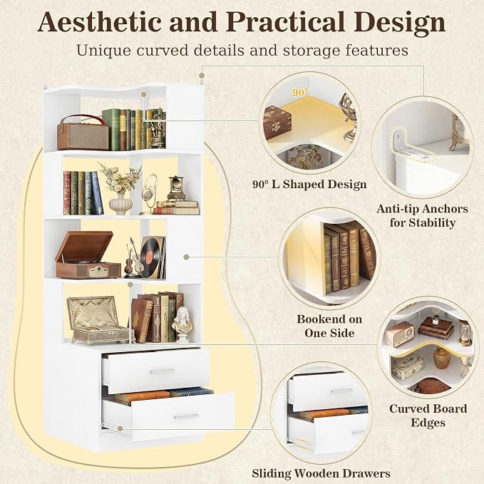 Corner Book Shelf with Drawers, Small Corner Shelf with Drawers | L Shaped BookShelf 6-tier Bookcase for Bedroom Storage, Living Room, Home Office, Kitchen Pantry, White