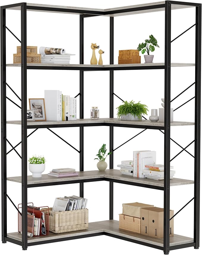 Shintenchi 5 Tier Corner Bookshelf, L Shaped Large Bookcase, Grey | Etagere Bookcase, Corner Shelf Display Storage Rack, with Metal Frame, for Living Room, Bedroom, Office