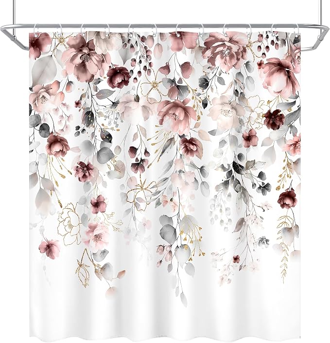 Floral Grey Pink Leaves Girls Watercolor Bathroom Shower Curtain Set | 72"W x 72"L Flower Blossom style, clear shower print, fast-dry fabric and hooks for a simple bath update.