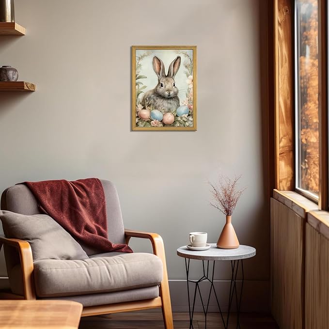 Easter Bunny Wall Art, Vintage Rabbit Canvas Wall Decor, Easter Eggs Poster Print Picture, Spring Farmhouse Animal Painting for Living Room Bedroom Kitchen Holiday Home Decor 12x16 Inch Wood Framed
