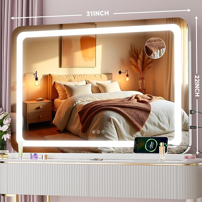 Vanity Mirror with Lights, 32" x 22" LED Makeup Mirror with 10X Magnification, Dimmable 3 Modes, Memory Function, Smart Touch, USB Charging Port, Lighted Makeup Mirror Round White