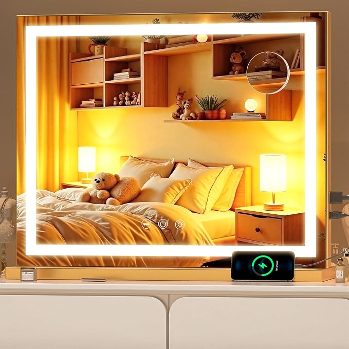 Vanity Mirror with Lights, 23" x 18" LED Makeup Mirror with 10X Magnification, Dimmable 3 Modes, Memory Function, Smart Touch, USB Charging Port, Lighted Makeup Mirror Square Glod