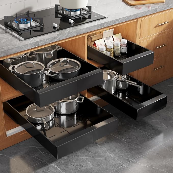 Seinloes 4 Pack Expandable Pull Out Cabinet Organizer 21" Deep with Raising Pad for Framed Cabinets,Upgrade 3 Slide Rails Slide Out Drawers,Roll Out Shelves Adhesive,Adjustable Width 9"-14.1" Black