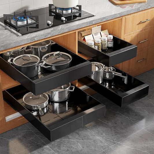 Seinloes 4 Pack Expandable Pull Out Cabinet Organizer 21" Deep with Raising Pad for Framed Cabinets,Upgrade 3 Slide Rails Slide Out Drawers,Roll Out Shelves Adhesive,Adjustable Width 9"-14.1" Black