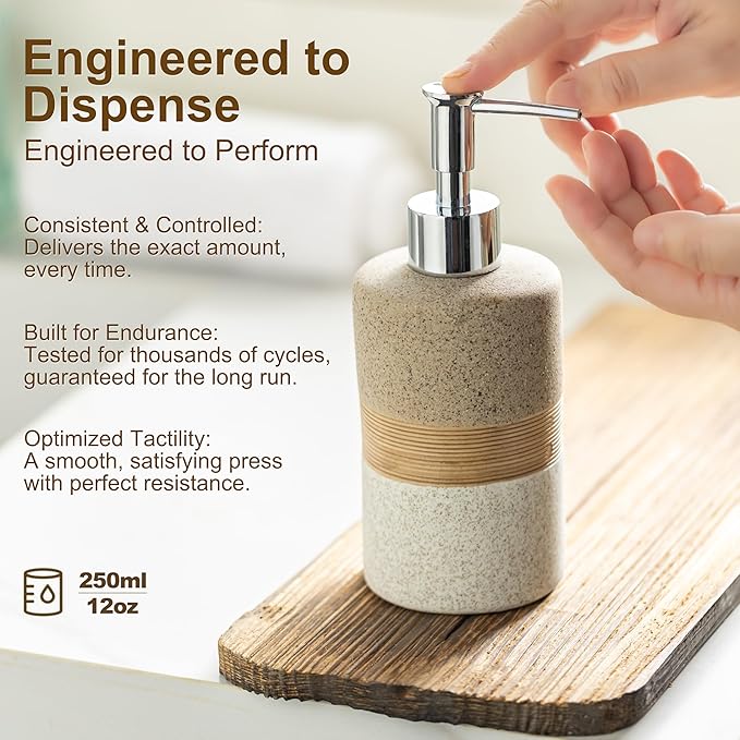 Ceramic Kitchen Dish Soap Dispenser Set with Stainless Steel Pump | Refillable Hand Soap, Shampoo and Conditioner, Body Wash, Lotion Dispenser | for Kitchen and Bathroom Counter Non Slip, 12 Oz