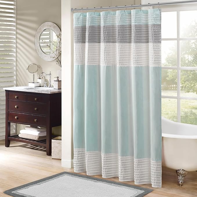 Madison Park Bathroom Shower Curtain, 72 x 84 Extra Long, Faux Silk, Aqua | Modern Classic, Light Sheen, Pieced, Striped, Microfiber, Machine Washable, OEKO-TEX Certified, Amherst
