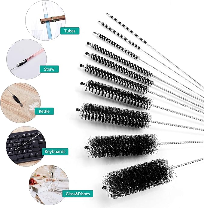 CiaraQ Bottle Cleaning Brushes, 8 Inch Nylon Tube Brush Set | Black Cleaner for Narrow Neck Bottles Cups with Hook, Set of 10pcs