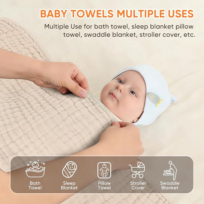 MIGIOL Muslin Hooded Baby Towels 100% Cotton ，Super Soft Muslin Baby Bath Towel - 32 x 32 Inches, Suitable for Newborn and Young Children up to 3 Years Old. (Beige & Green)