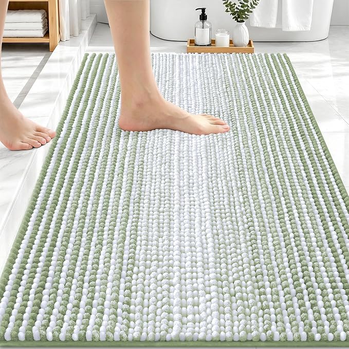 OLANLY Bathroom Rugs 30x20, Soft Chenille Striped Bath Rugs, Sage Green | Extra Absorbent, Rubber Backing, Machine Wash Dry, Bath Mats for Bathroom Floor, Tub and Shower, Home Decor Accessories