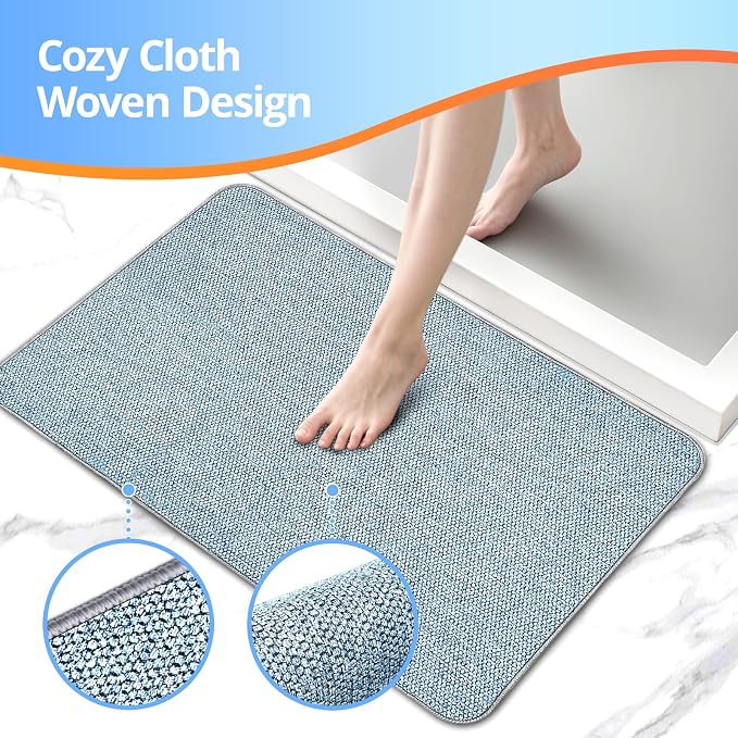 2 Pack Bathroom Rugs 17x27Inch, Thin Bath Mat with Rubber Backing Non-Slip, Absorbent,Quick Dry Machine Washable, Home Decor Accessories Cozy Cloth Bathroom Mat fit Under Door/Sink/Tub/Shower-Blue