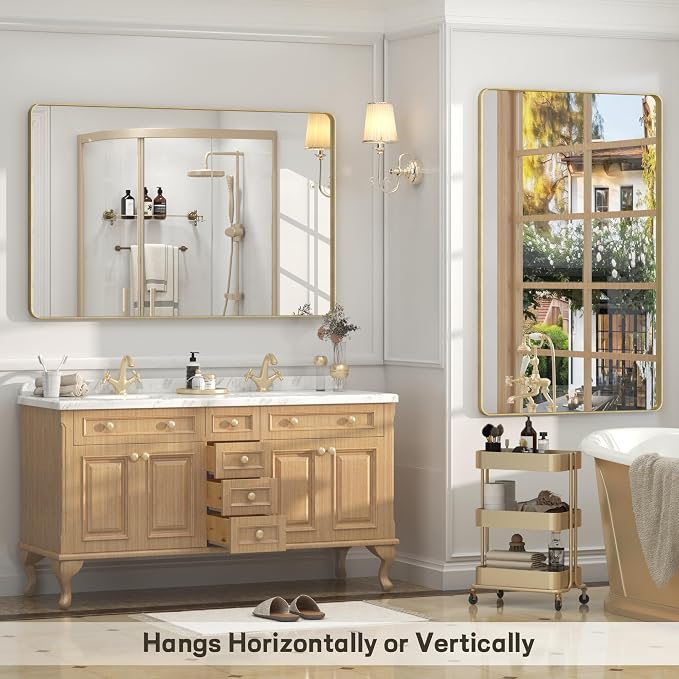 60x36 Inch Gold Framed Bathroom Mirror | Brushed Gold Metal Frame, Rounded Rectangle Gold Mirror, Anti-Rust, Tempered Glass, Hangs Horizontally or Vertically