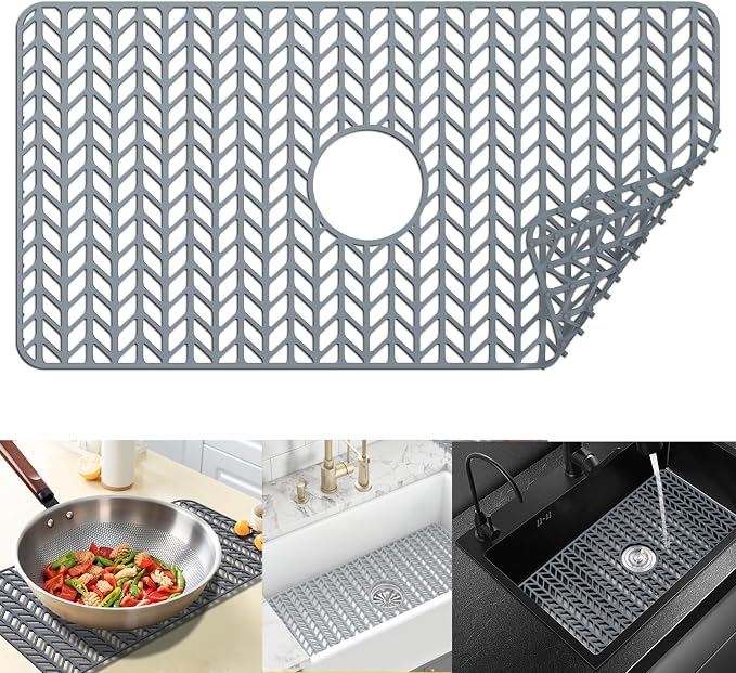 Sink Protectors for Kitchen Sink 29.7"x15.5" Center Drain Sink Mat | Protector for sinks and dish,Food-grade silicone,Non-slip and raised feet,Withstand to 500F,Dishwasher Washing