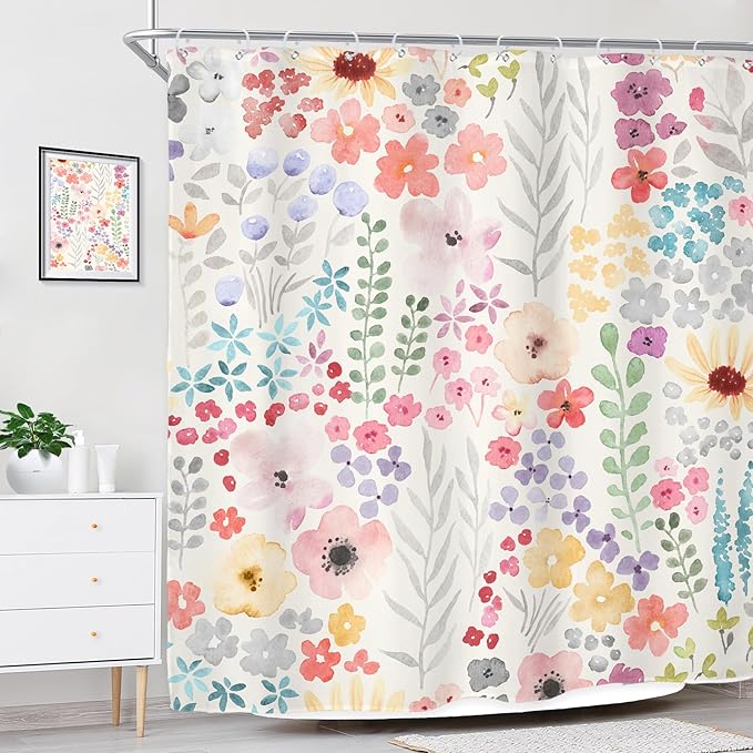 Extra Long Boho Wildflower Watercolor Plant Art Bathroom Shower Curtain Set | 72"W x 84"H Leaves Botanical; waterproof HD print, quick-dry fabric with 12 hooks for easy hanging.