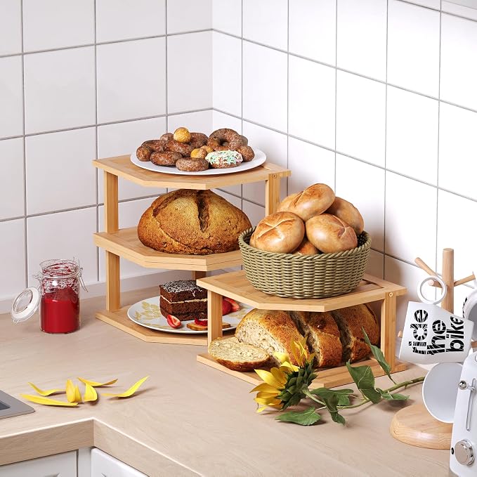 VERTORGAN 2 Tier Bamboo Corner Shelf 3 Pack Plate Organizer Kitchen | Pantry Storage,Dish Rack,Spice Rack,Corner Organizer,Kitchen Counter Shelves,Kitchen Storage,Holds Plates