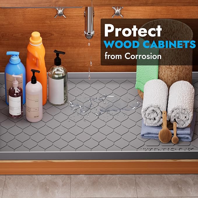 Winisok Waterproof Under Sink Mat 37" x 22", Silicone Mat, Beige | Raised Edge Traps Spills & Leaks, Shelf Liner, Cabinet Protector, for Kitchen, Bathroom, Boots, Pets, Home Essentials