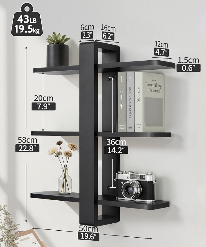 SUMGAR Black Floating Shelves for Wall, 3 Tier Adjustable Large Shelf Unit | 20 Inch All Pine Wood, Decorative Shleving, Plants Photos Display, for Living Room, Bedroom, Office, Bathroom